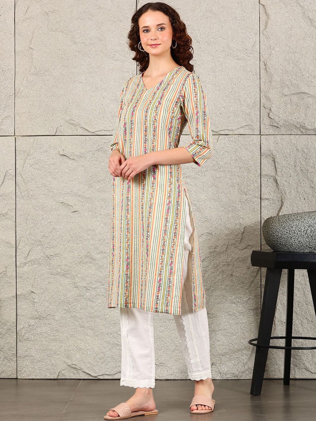 W Women Striped Flared Sleeves Mirror Work Kurta
