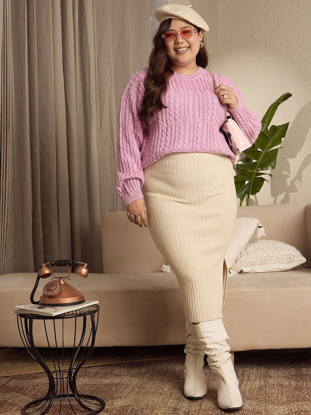 Berrylush Curve Women Cable Knit Long Sleeves Pullover
