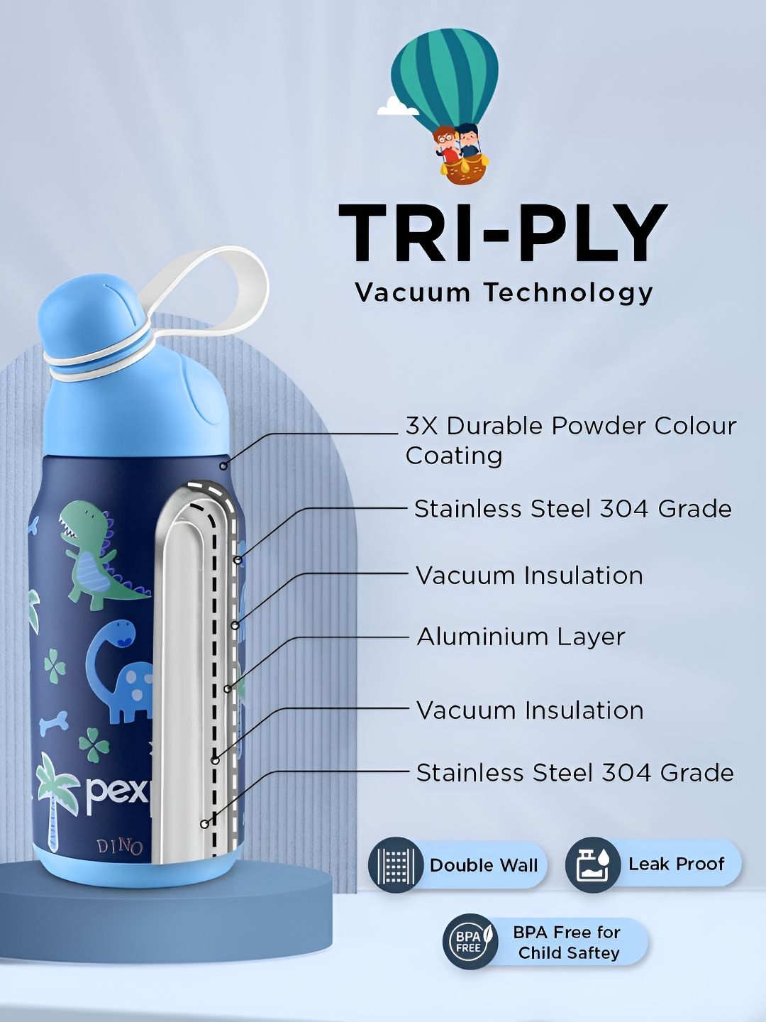 Pexpo Blue Printed Stainless Steel Double Wall Vacuum Water Bottle 420ml