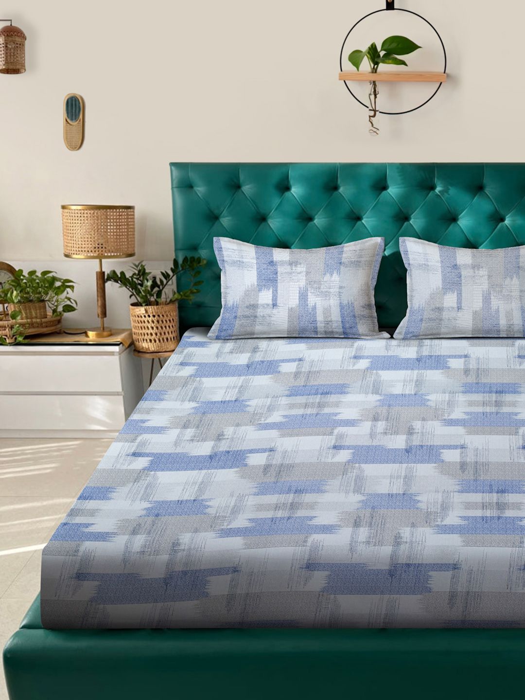 KLOTTHE Biru Geometric Kapas Tulen 400 TC Dilengkapi Cadar King Superfine dengan 2 Sarung Bantal-98 x 89 inci