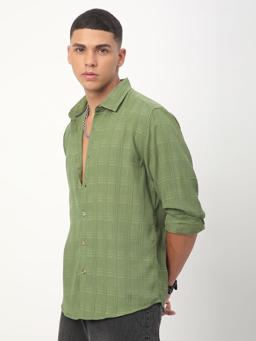 VASTRADO Men Classic Spread Collar Textured Slim Fit Casual Shirt