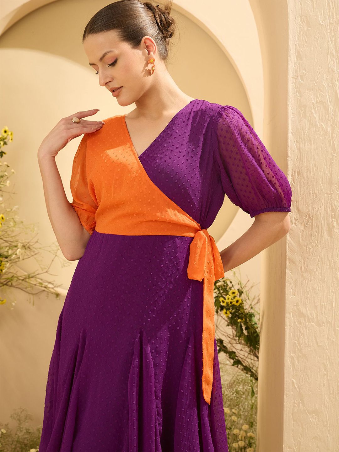Antheaa Women Colourblocked Layered Chiffon Wrap Dress