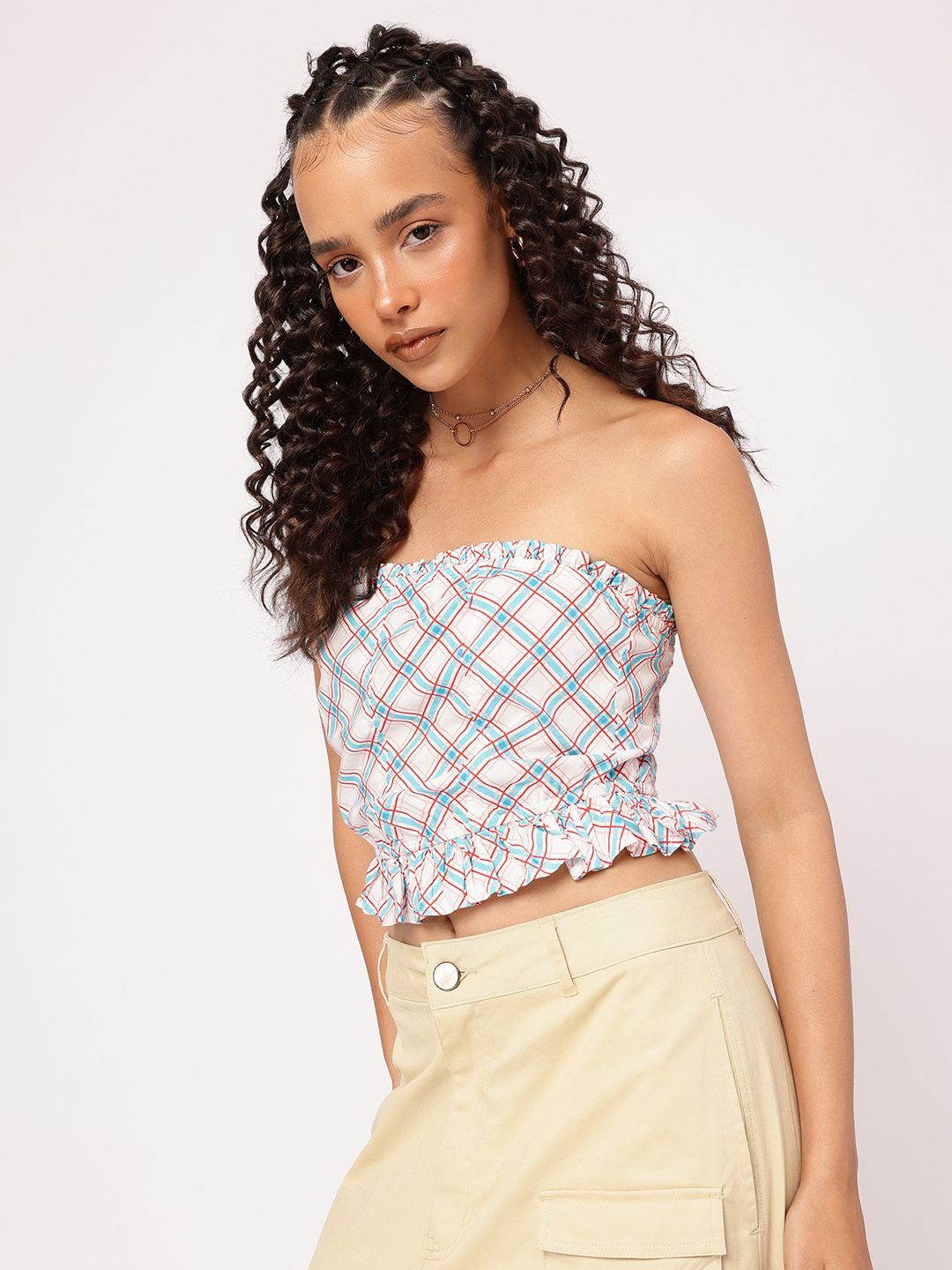 DressBerry Plaid Power Ruffled Crop Bardot Top