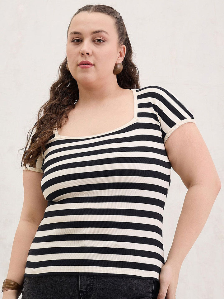 SASSAFRAS Women Plus Size Striped Cotton Top