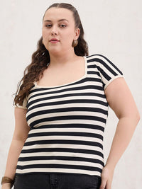 SASSAFRAS Women Plus Size Striped Cotton Top