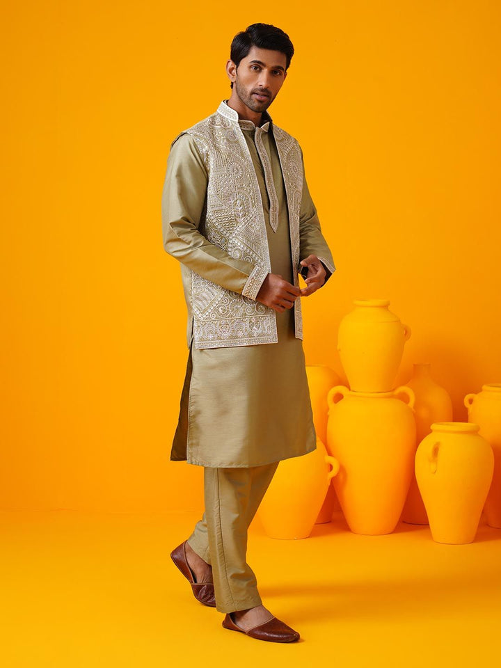 SOJANYA LUXE Motif Etnik Bersulam Kolar Mandarin Kurta Lurus & Seluar & Jaket