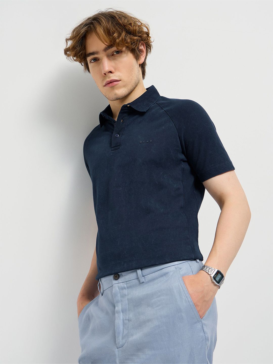 THE BEAR HOUSE Men Solid Polo Collar Pure Cotton T-shirt