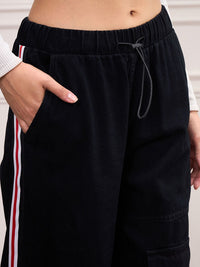 SASSAFRAS Women Cotton Comfort Wide Leg High-Rise with Side Stripe Jeans