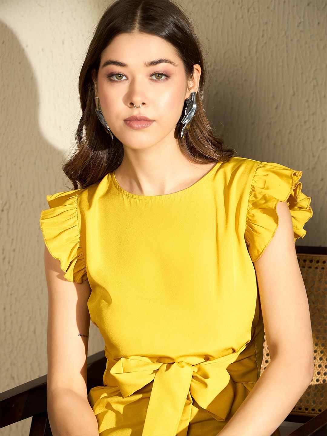 Berrylush Women Round Neck Regular Top With Waist Tie-Ups Detail