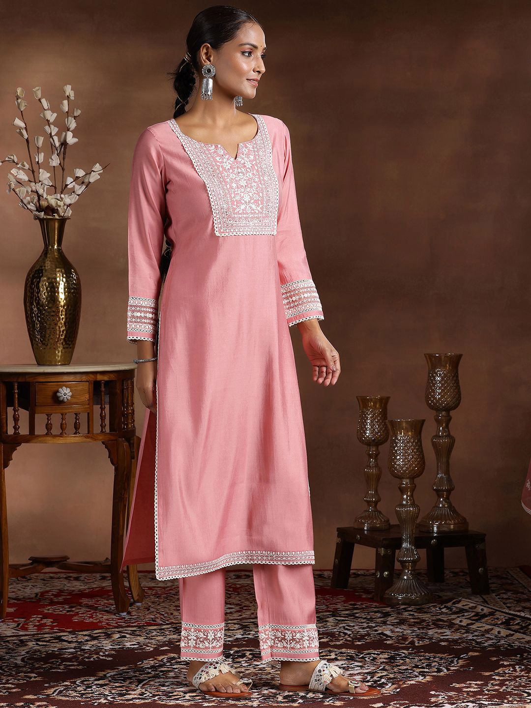 Libas Floral Yoke Design Notch Neck Thread Work Straight Kurta With Trousers & Dupatta