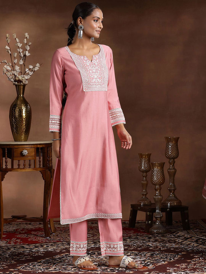 Libas Floral Yoke Design Notch Neck Thread Work Straight Kurta With Trousers & Dupatta