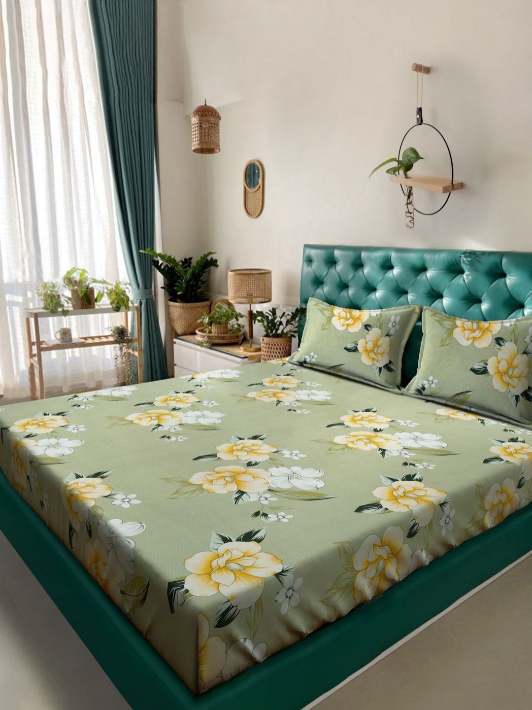 Aura Green Floral Polycotton 300 TC King Fine Bedsheet dengan 2 Sarung Bantal-98 x 89 inci