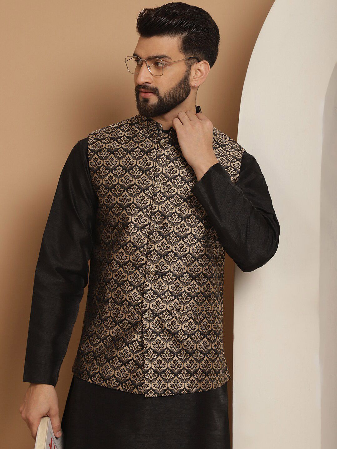 Anouk Woven Design Mandarin Collar Long Sleeves Kurta with Churidar Nehru Jacket