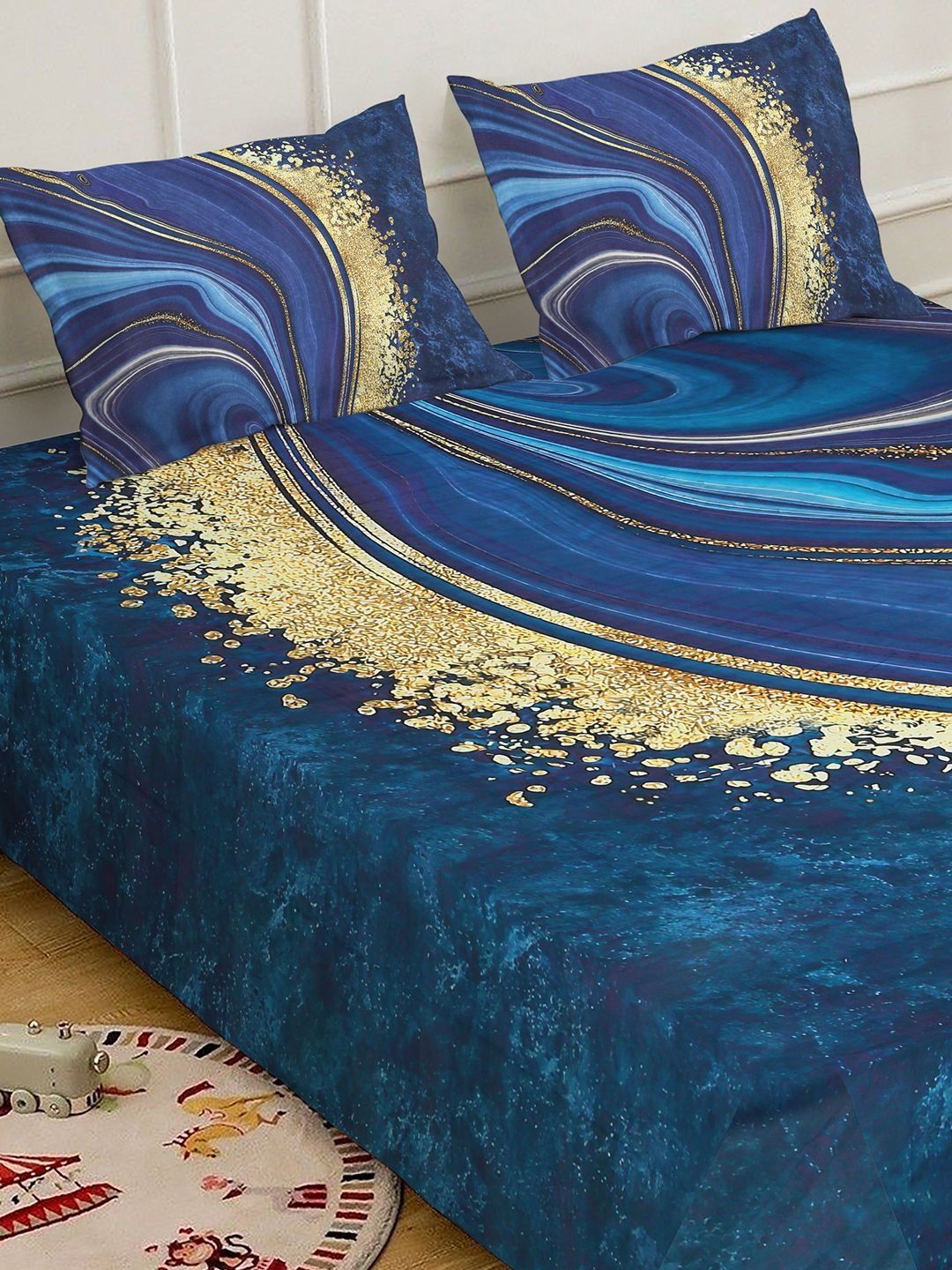 KLOTTHE Blue Abstract Printed Fitted 400 TC Double King 7D Bedsheet With 2 Pillow Cover