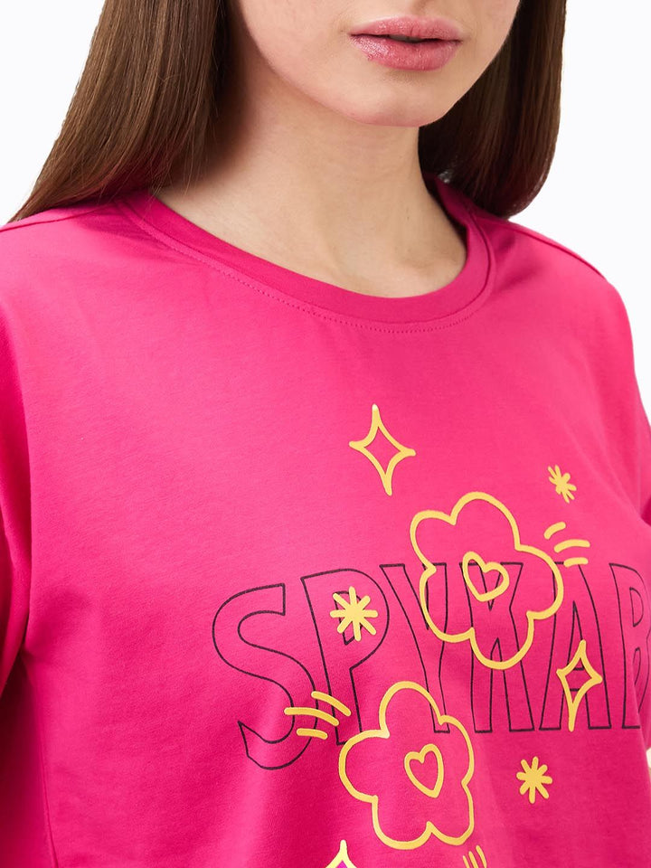 SPYKAR Women Typography Printed Round Neck Cotton Boxy T-shirt