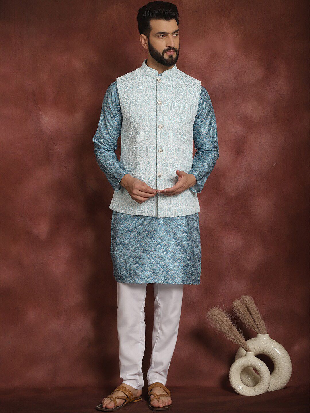 Anouk Men Geometic Printed Thread Work Straight Kurta With Pyjama & Nehru Jacket