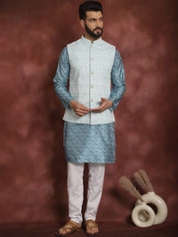 Anouk Men Geometic Printed Thread Work Straight Kurta With Pyjama & Nehru Jacket