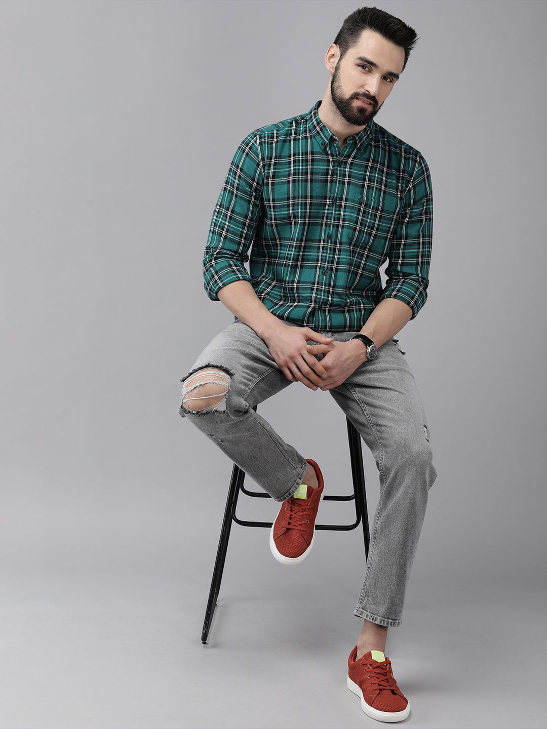 THE BEAR HOUSE Men Green & Black Slim Fit Checked Flannel Cotton Casual Shirt