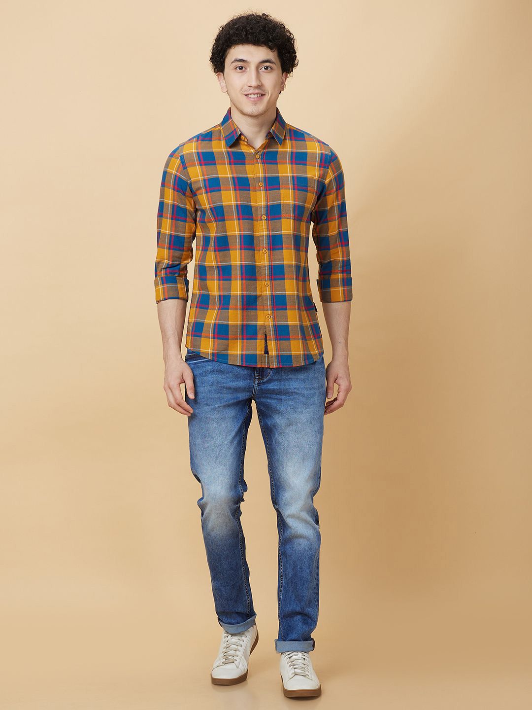Being Human Men Classic Slim Fit Spread Collar Tartan Checked Cotton Casual Shirt