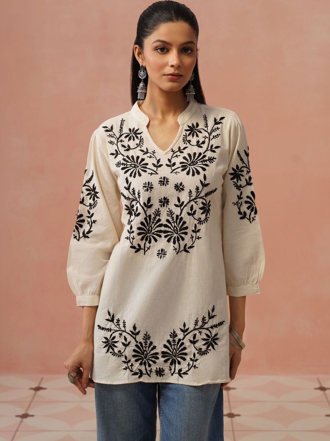 Kurta Kerja Benang Sulam Bunga Rumah Wanita Chikankari