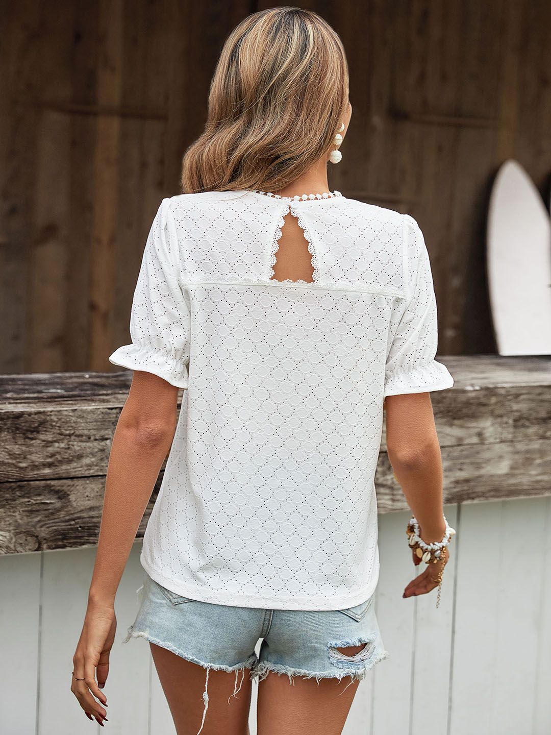 DressBerry Puff Sleeves Schiffli Top with Lace Inserts