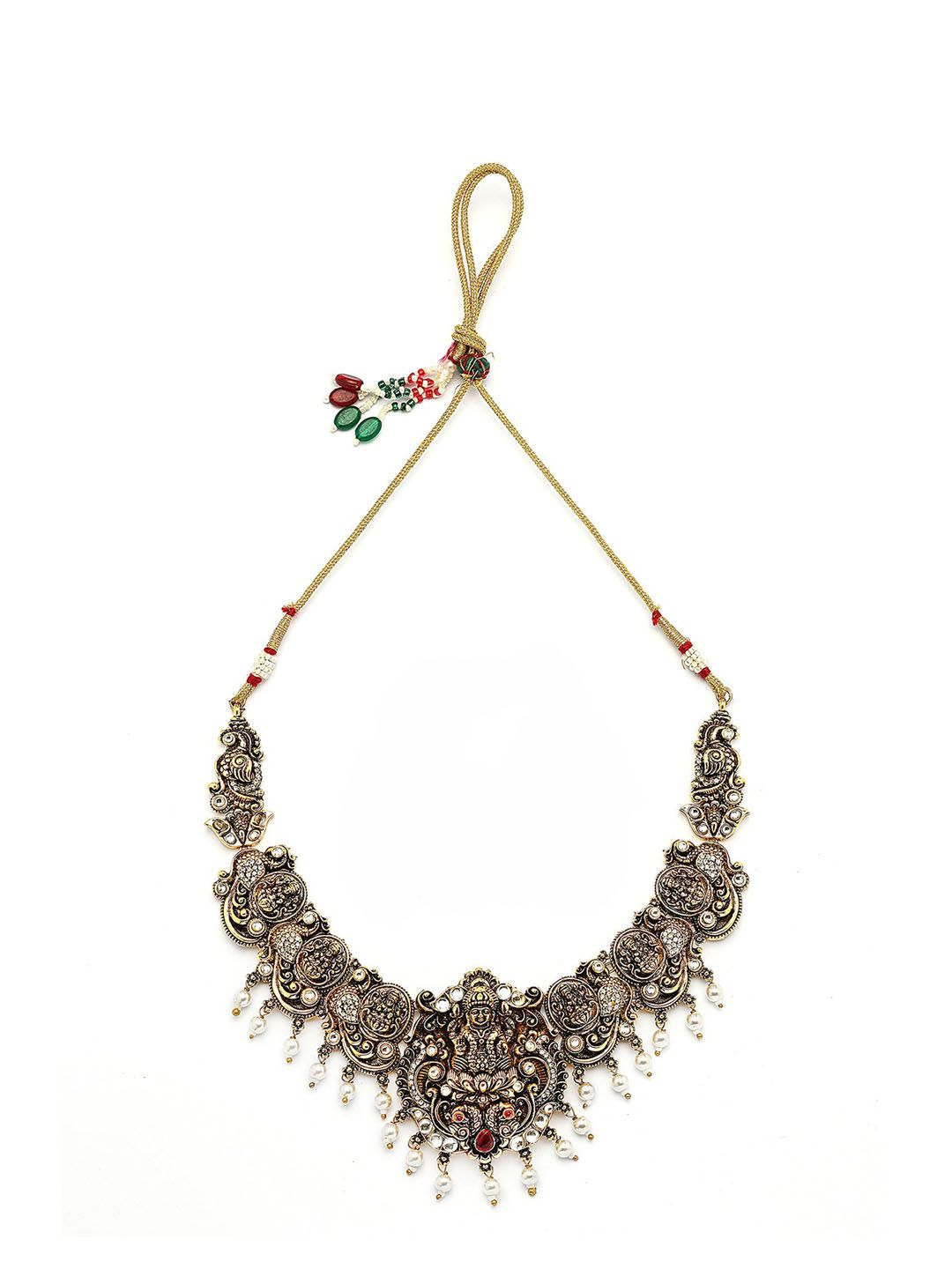 KARATCART Gold-Plated Artificial Stone-Studded & Beaded Laxmi Mata Temple Jewellery Set
