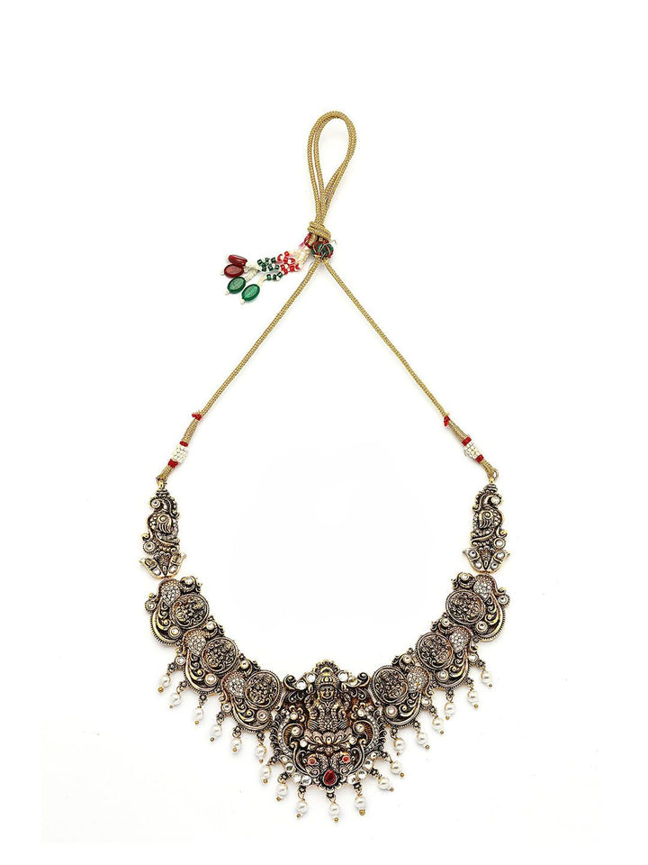 KARATCART Gold-Plated Artificial Stone-Studded & Beaded Laxmi Mata Temple Jewellery Set