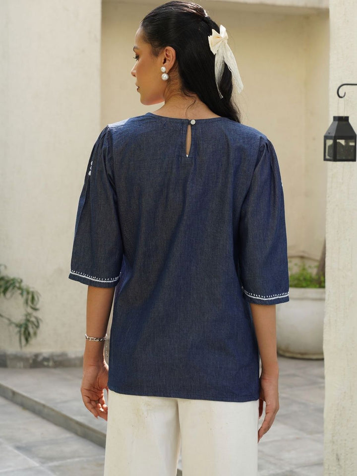 House of Chikankari Chikankari Solid Women's Ladder Lace Work- Dark Blue Tops
