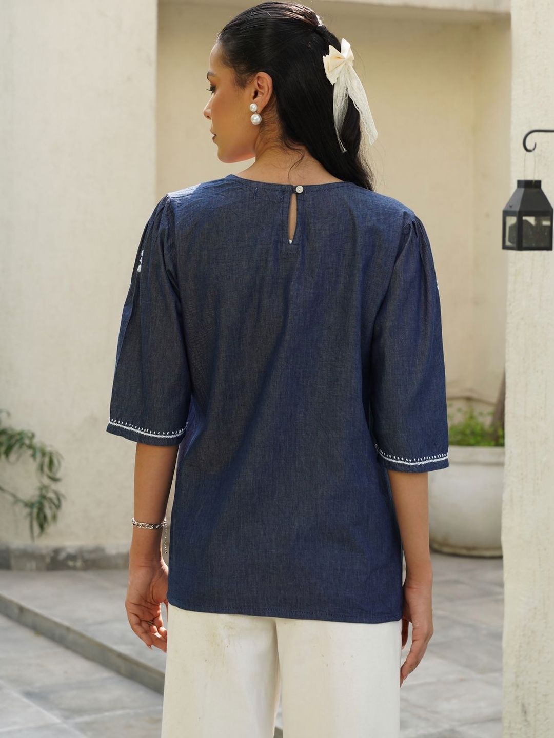 House of Chikankari Chikankari Solid Women's Ladder Lace Work- Dark Blue Tops