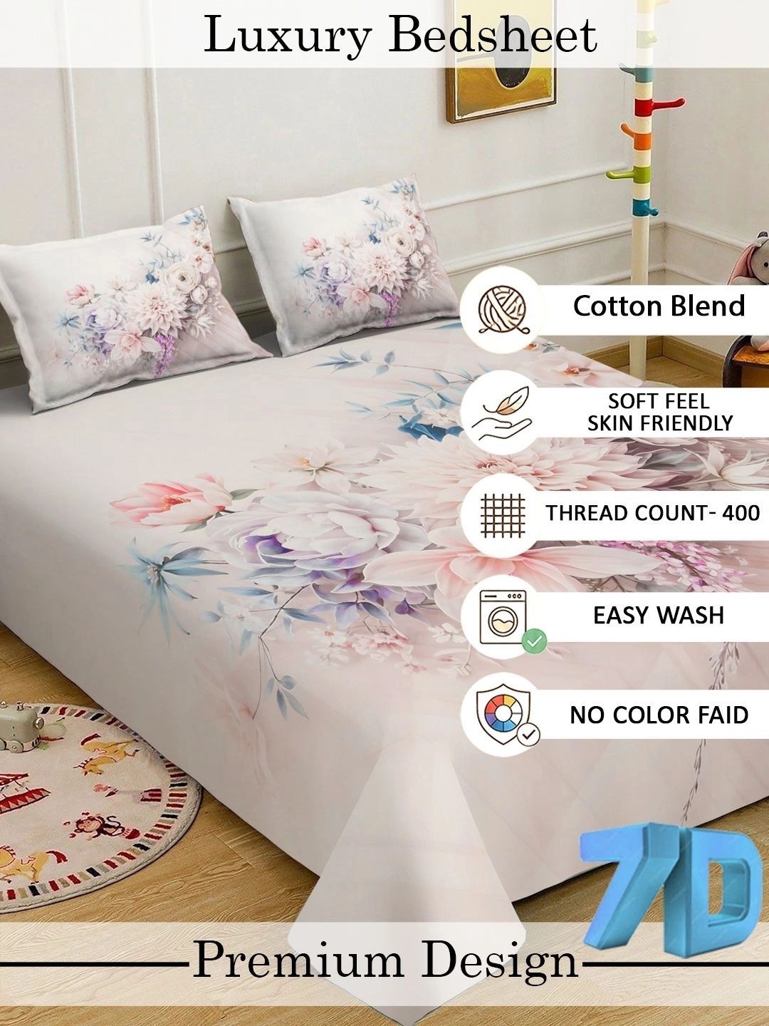Myntra Elegant Homes Multicoloured Floral 400 TC King Bedsheet with 2 Pillow Covers