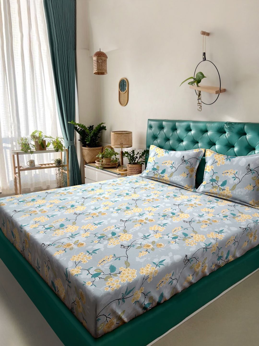 Myntra Elegant Homes Grey & Yellow Floral 300 TC King Cadar dengan 2 Sarung Bantal