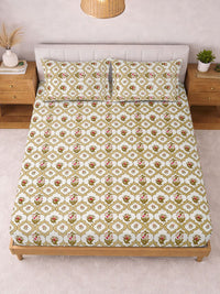 KLOTTHE Yellow & White Printed 300 TC Double Bedsheet With 2 Pillow Covers- 2.5 m x 2.25 m