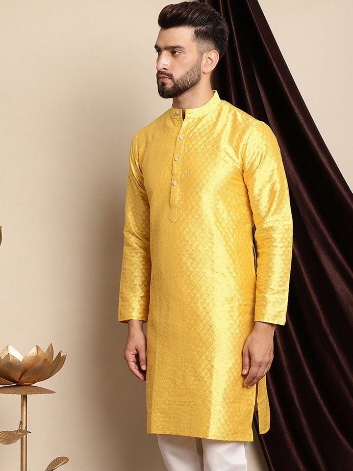 Anouk Woven Design Band Collar Zari Silk Cotton Straight Kurta