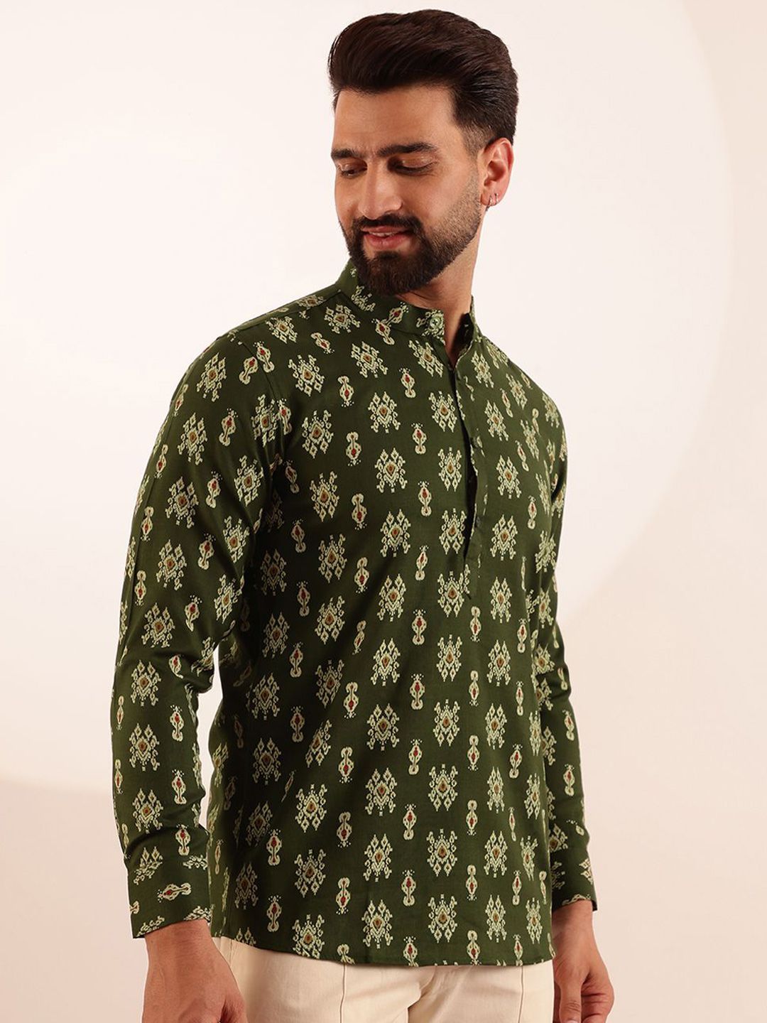 Anouk Men Ethnic Motifs Ikat Printed Mandarin Collar Short Kurta