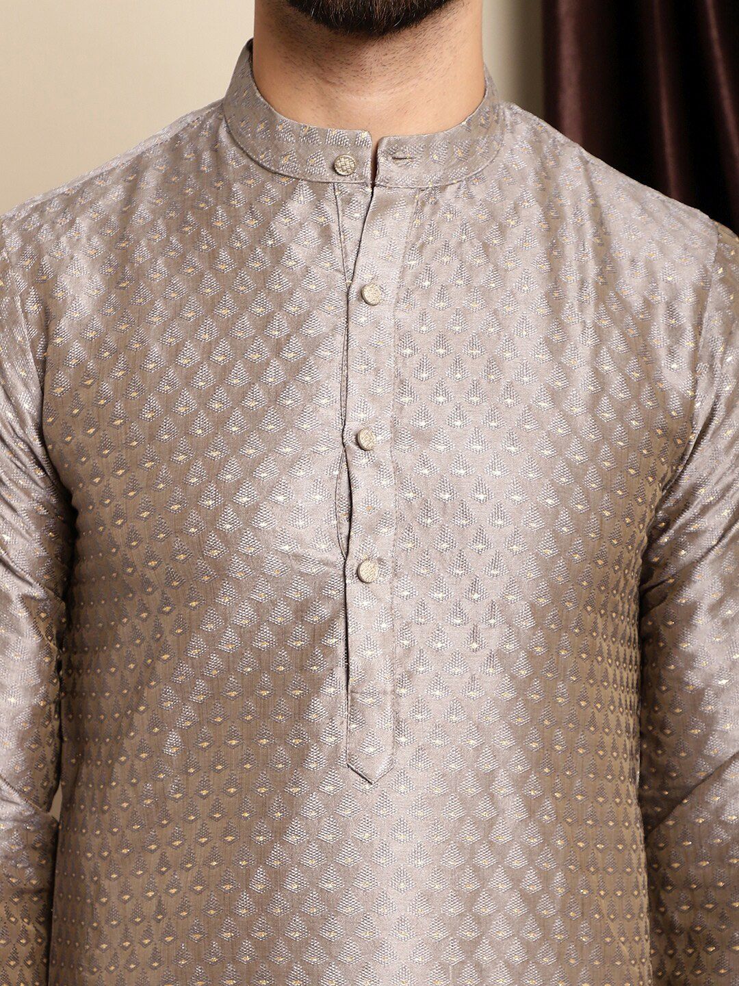 Anouk Ethnic Motifs Woven Design Band Collar Straight Kurta with Churidar