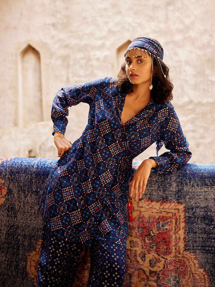Global Desi Printed Lapel Collar Tunic With Trousers