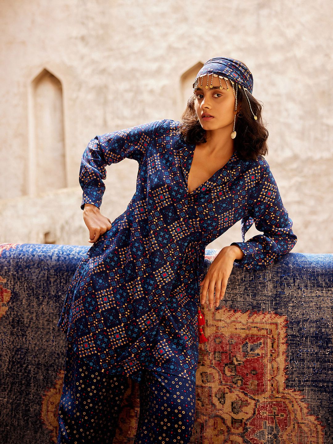 Global Desi Printed Lapel Collar Tunic With Trousers