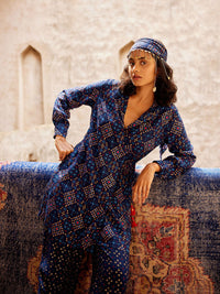 Global Desi Printed Lapel Collar Tunic With Trousers