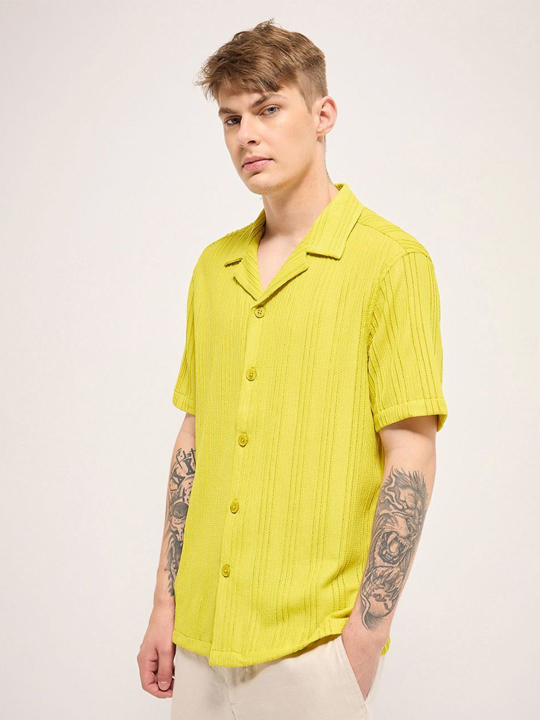 THE BEAR HOUSE Men Cuban Collar Vertical Striped Casual Shirt