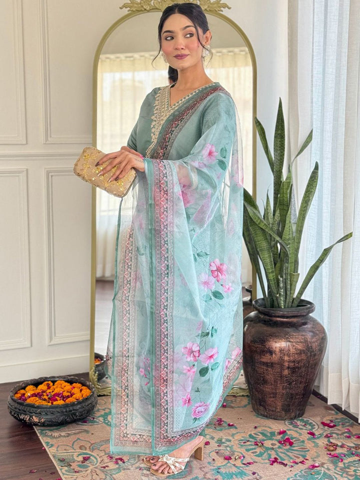 KALINI Yoke Design V-Neck Straight Kurta With Trousers And Dupatta