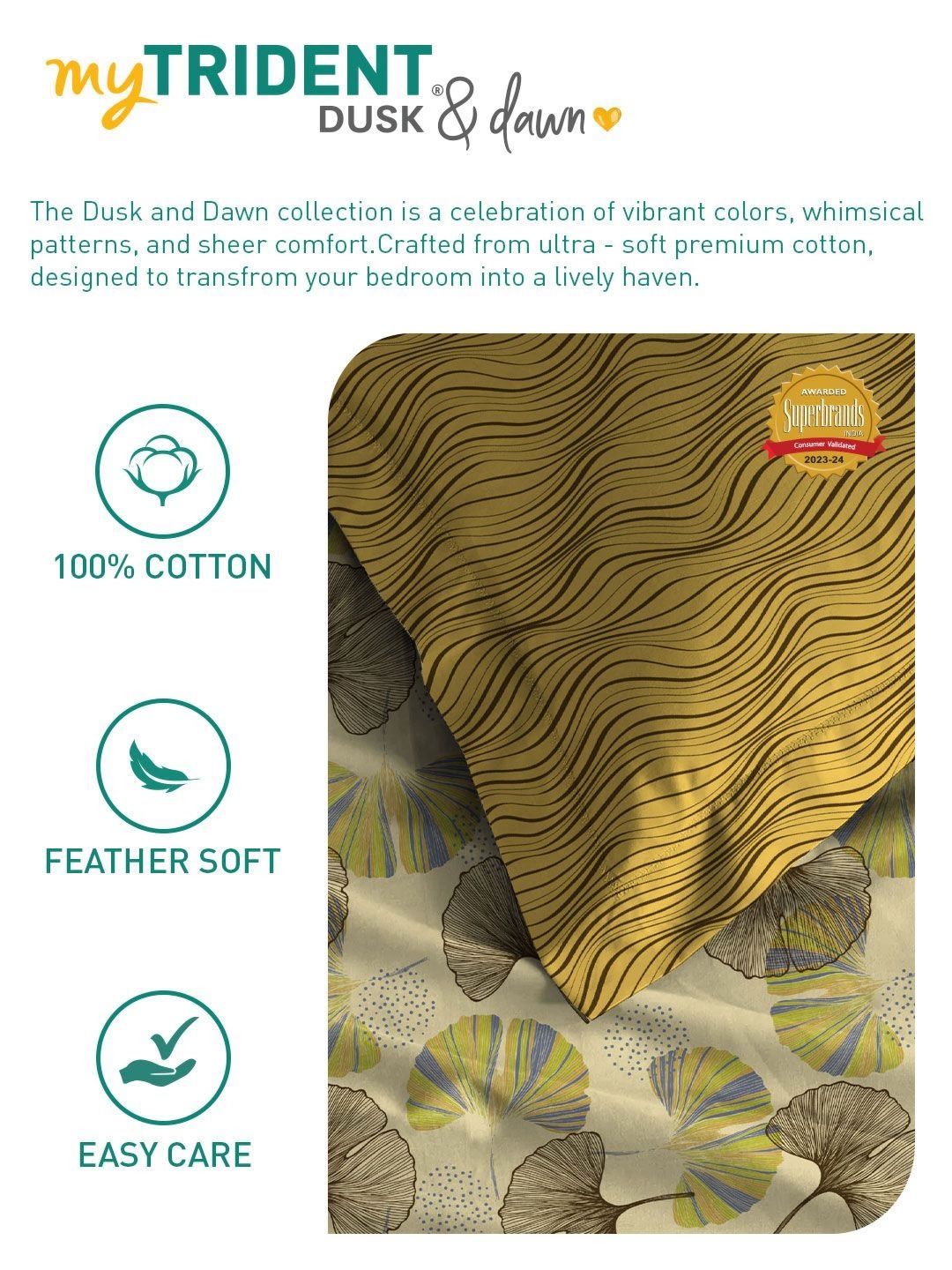 MYTRIDENT Dandelion Yellow Dusk & Dawn Flat 144TC Queen Cotton Bedsheet & 2 Pillow Covers
