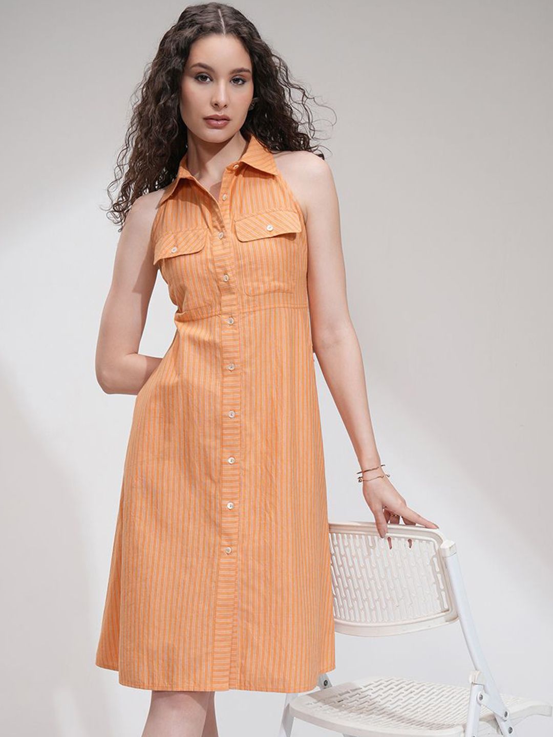 Tokyo Talkies Women Striped Sleeveless Shirt Dress