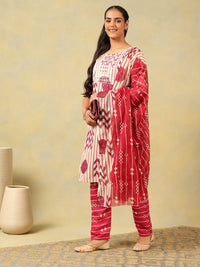 Mamicha Women Printed Regular Thread Work Pure Cotton Kurta with Trousers & With Dupatta