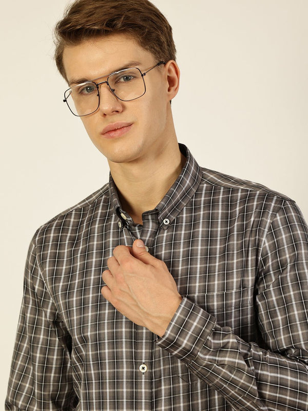 Thomas Scott Men Smart Button-Down Collar Tartan Checked Cotton Formal Shirt