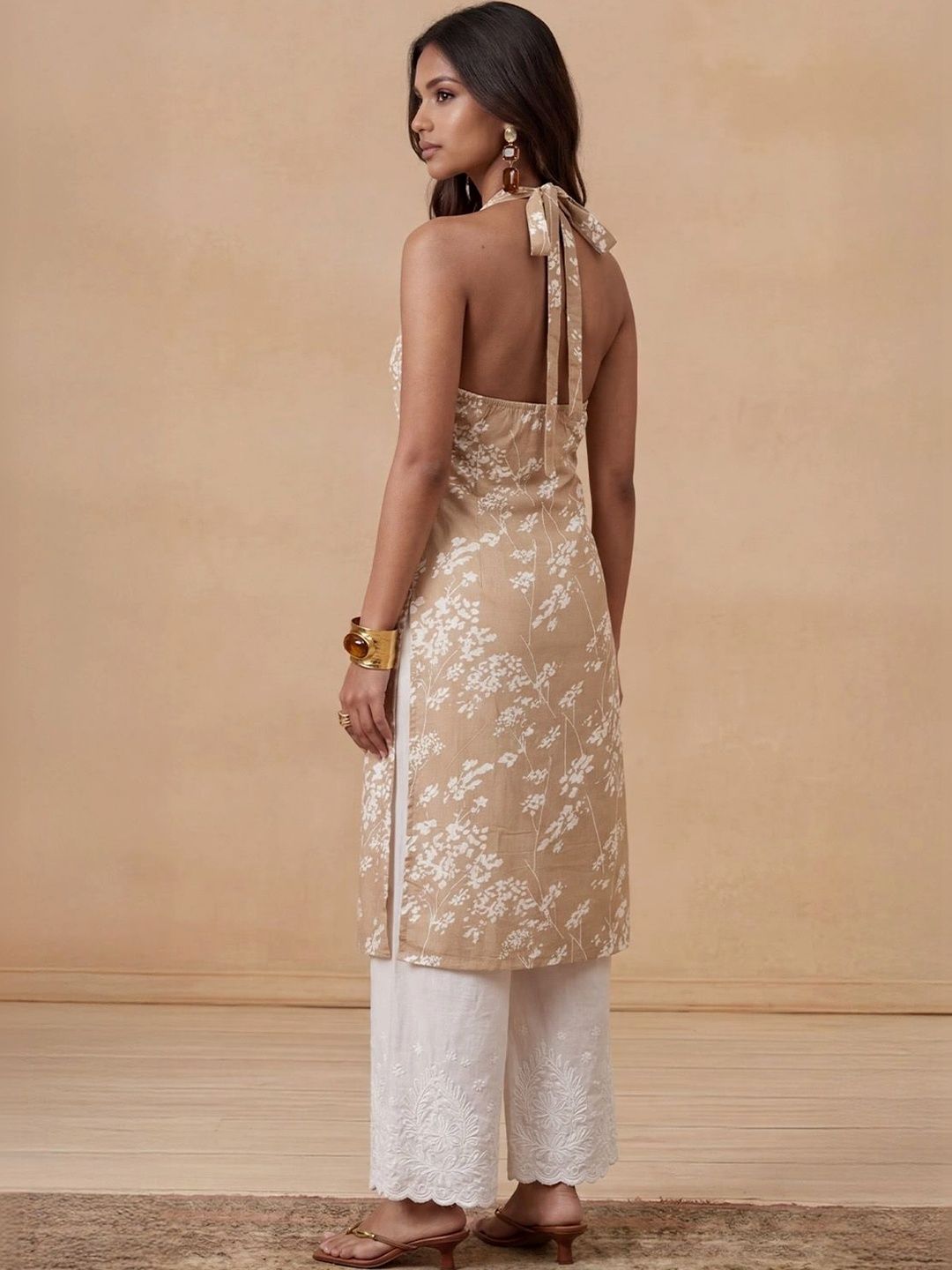 Rumah Wanita Chikankari Floral Sulam Halter Leher Chikankari Indie Florals Kurta