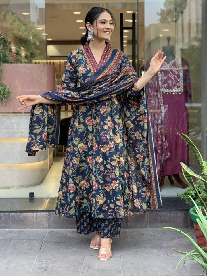 KALINI Floral Printed V-Neck Pleated A-Line Kurta With Trouser And Dupatta