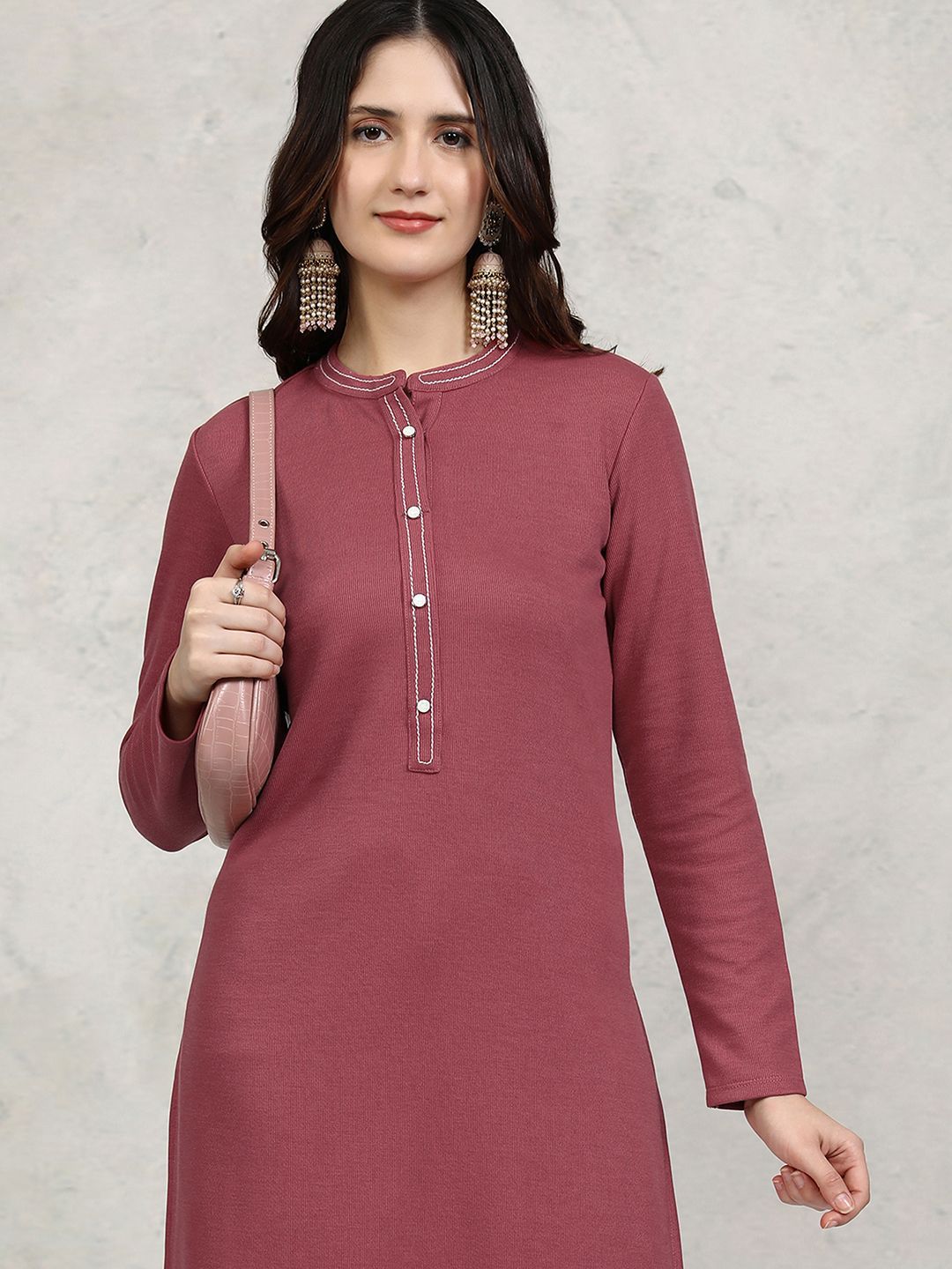 Vishudh Rust Floral Printed Mandarin Collar Straight Kurta with Trousers