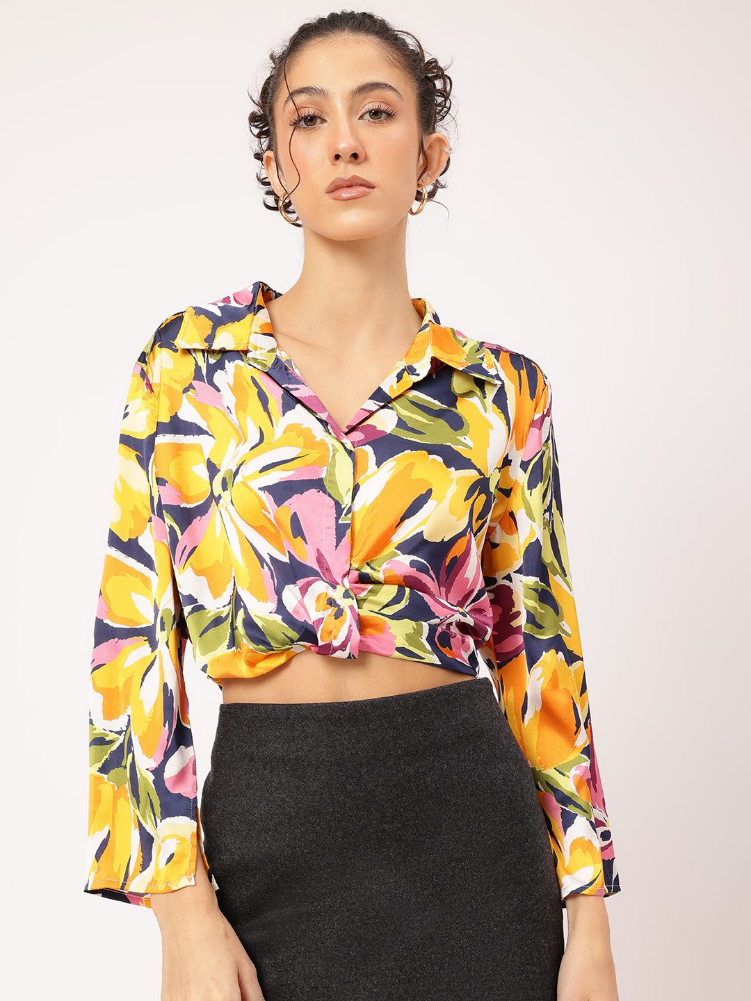 DressBerry Delicate Dance Satin Floral Print Slit Sleeve Top