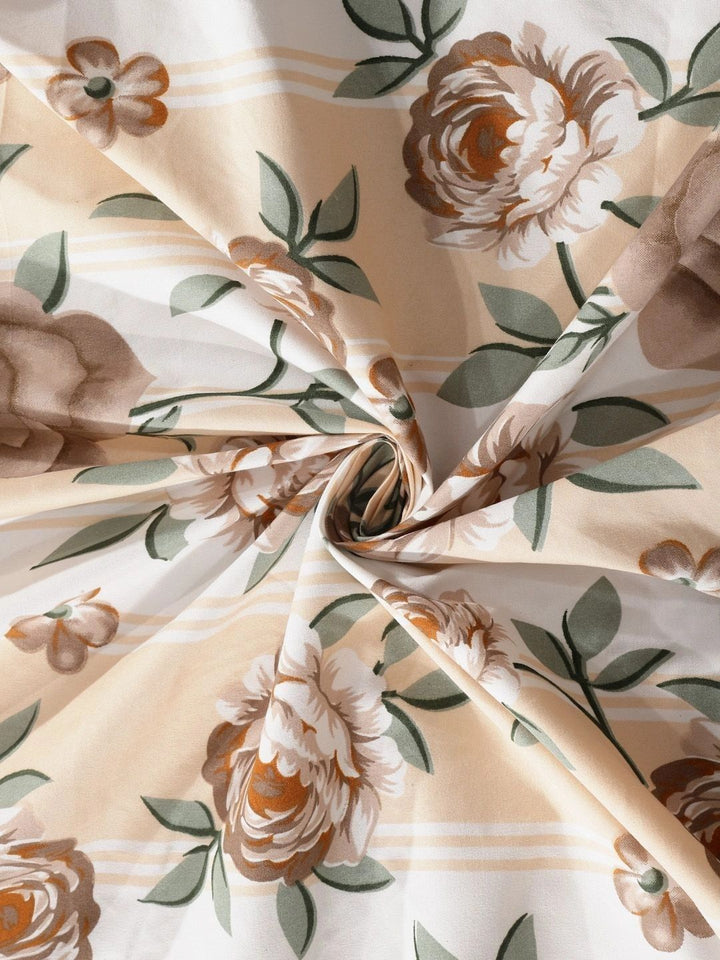 Myntra Elegant Homes Brown & White Floral 300 TC Single Bedsheet with 1 Pillow Covers