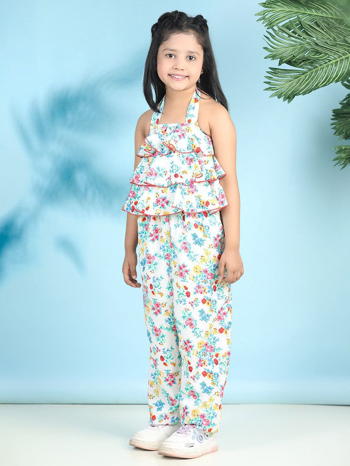 Cutiekins Girls Halter Neck Printed Basic Jumpsuit with Ruffles